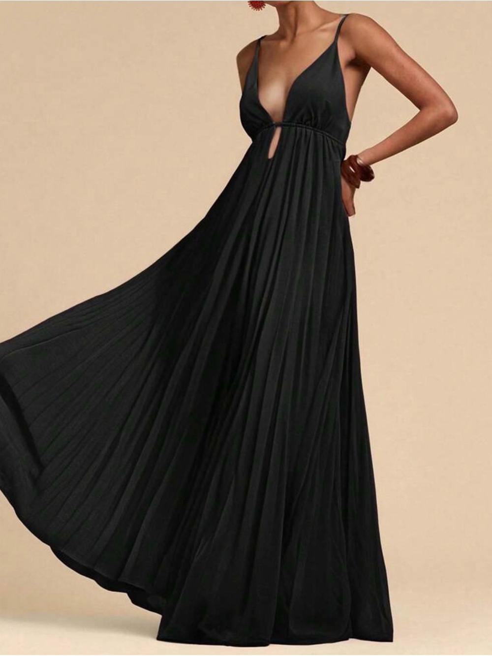 Black Plunge Maxi Dress with Flowing Pleated Skirt